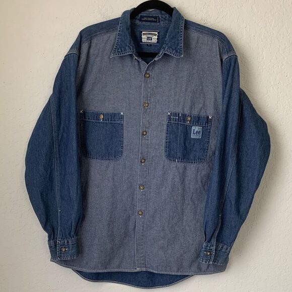 VTG Lee Authentic Men’s Denim Shirt Two-Tone Cotton Pockets Logo Size L - Picture 1 of 10